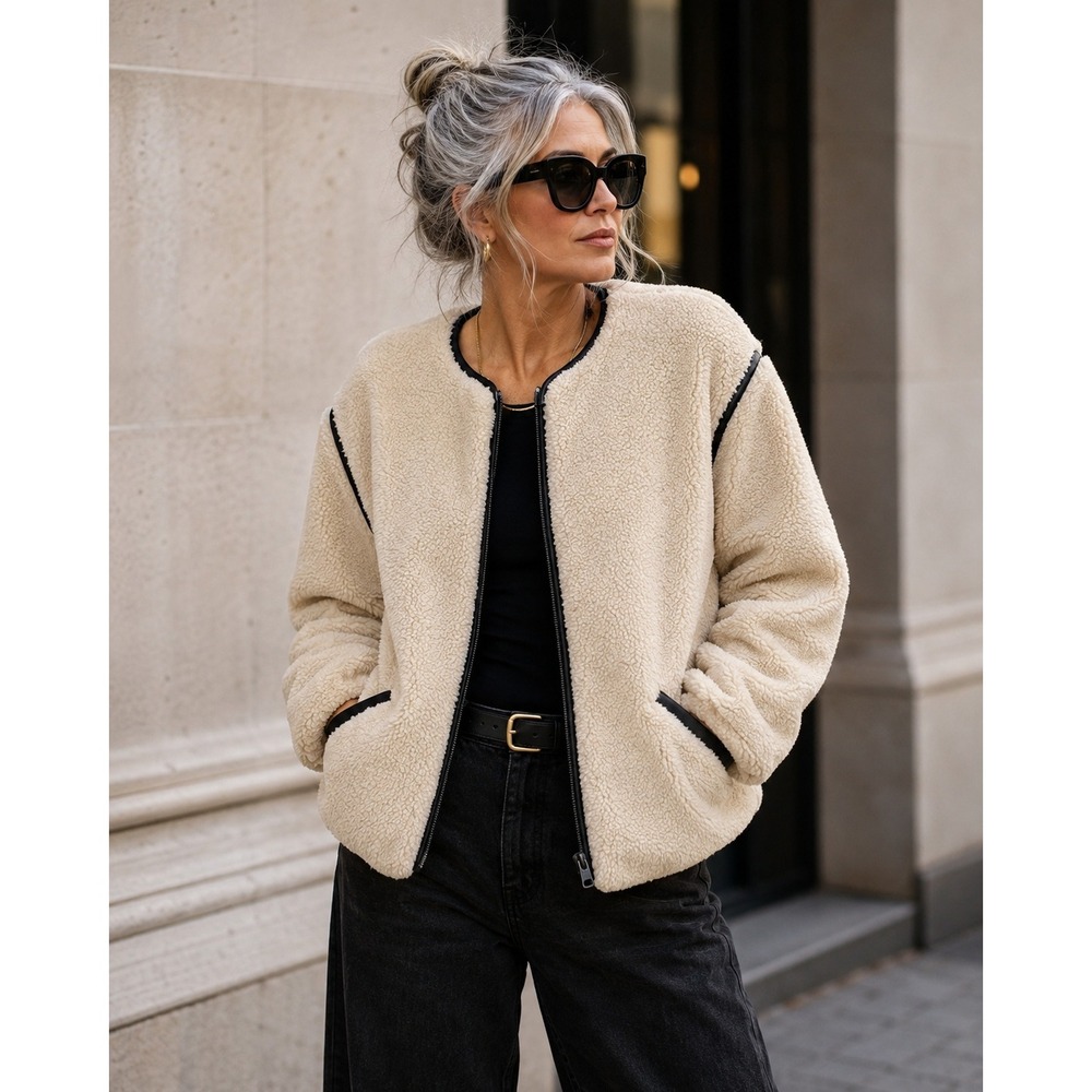 Gap Sherpa Fleece Jacket Women Sz M Cream‎ Faux Leather Trim Full Zip Collarless
